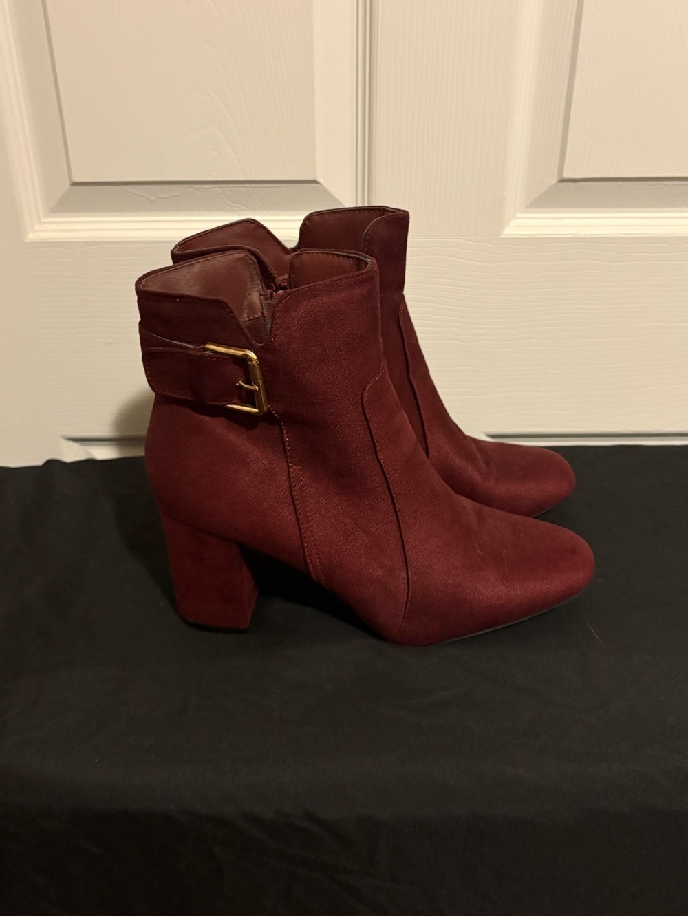 Diba Burgundy Suede Ankle Booties with Buckle